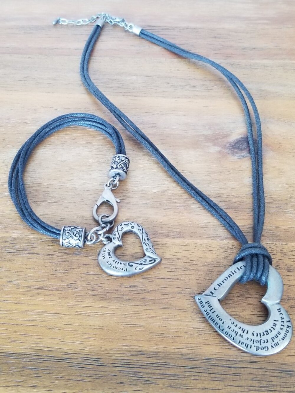 Christian Jewelry Set Black Corded Heart Scripture Necklace Bracelet Bible Faith